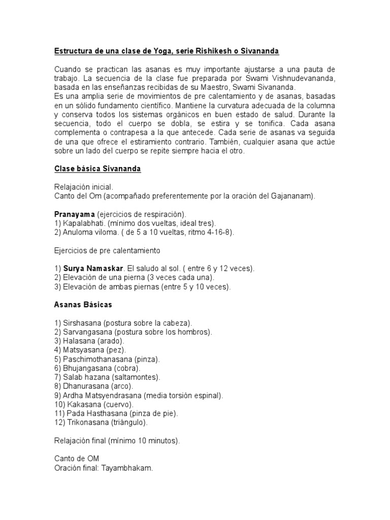 Estructura de Clase de Yoga Sivananda | PDF | Yoga | Asana