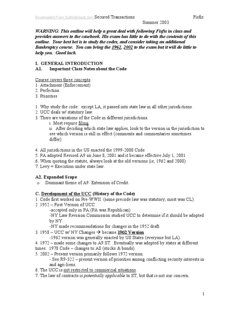 Secured Transactions Class Outline | PDF | Uniform Commercial Code | Lease