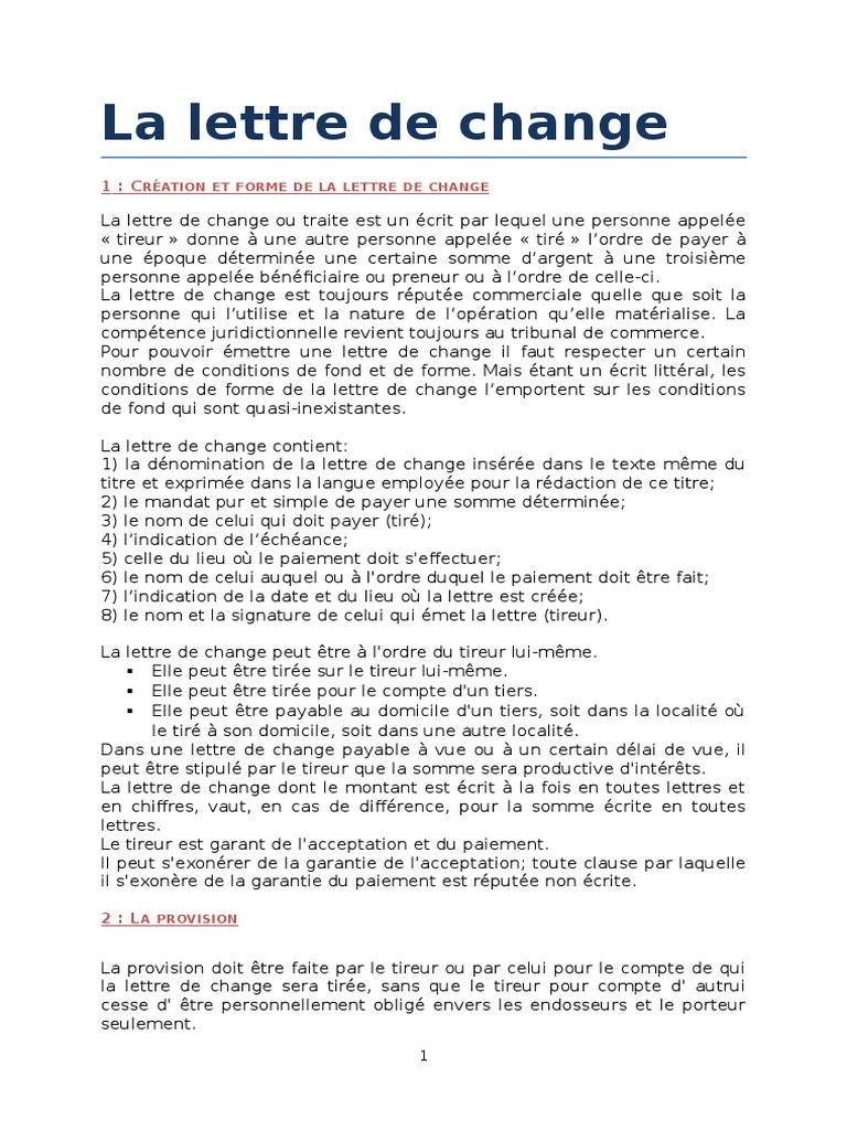 exemple de lettre de change