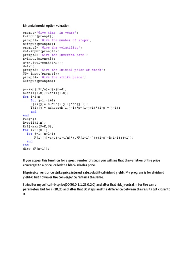 Binomial Model vs Black-Scholes MATLAB script