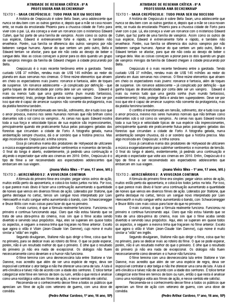 Atividade de Resenha Crítica | PDF | Crepúsculo (série literária de ...