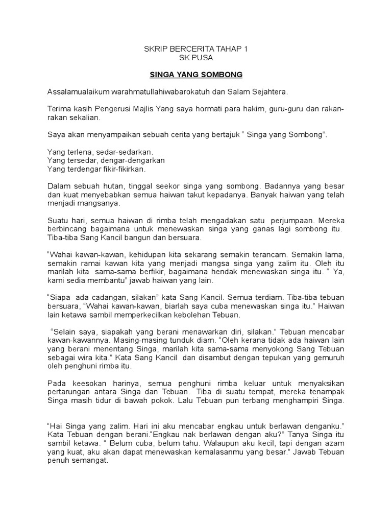 Teks Cerita Tahap 1 Singa Yang Sombong Pdf