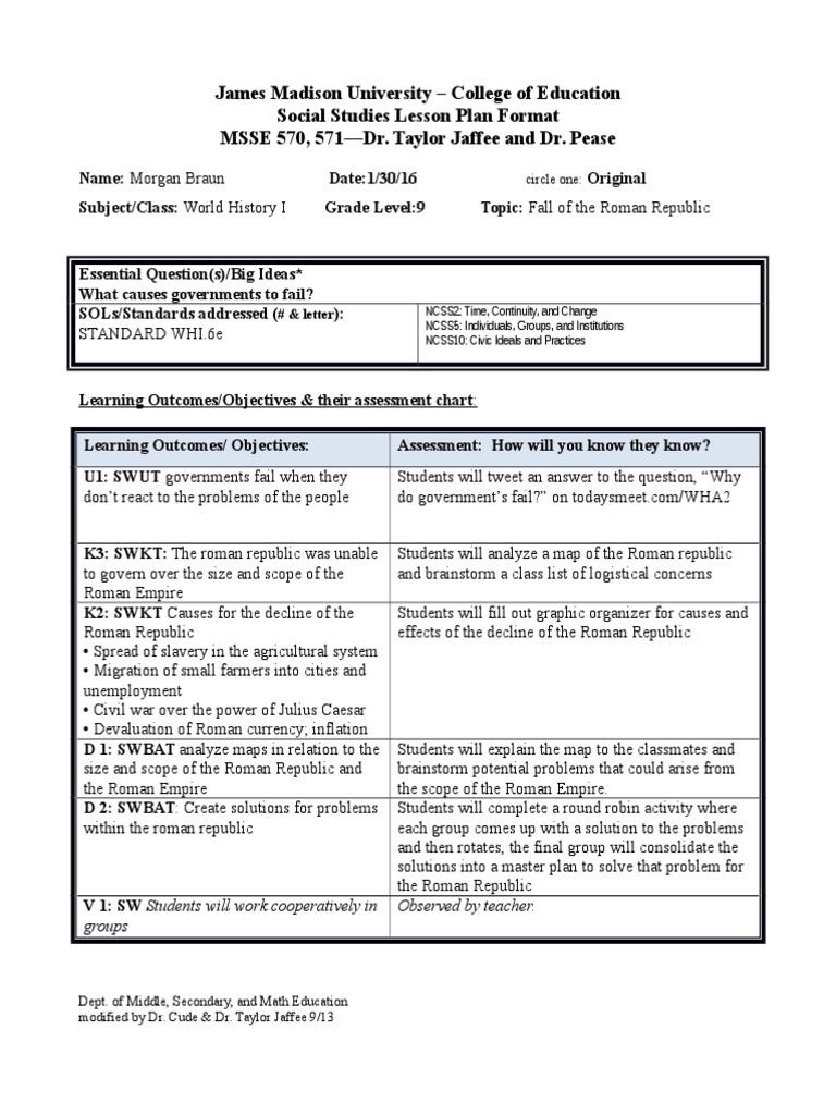 Lesson Plan Fall Of The Roman Republic Roman Empire Roman Republic