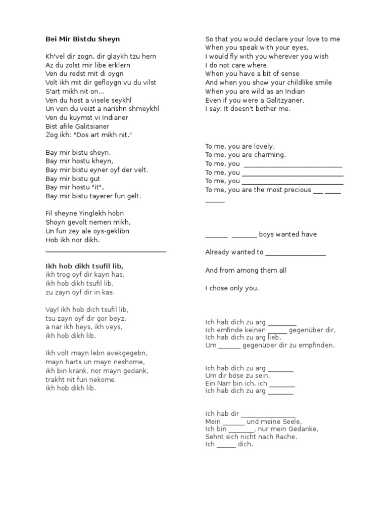 Yiddish Lyrics, German Translation Practice PDF