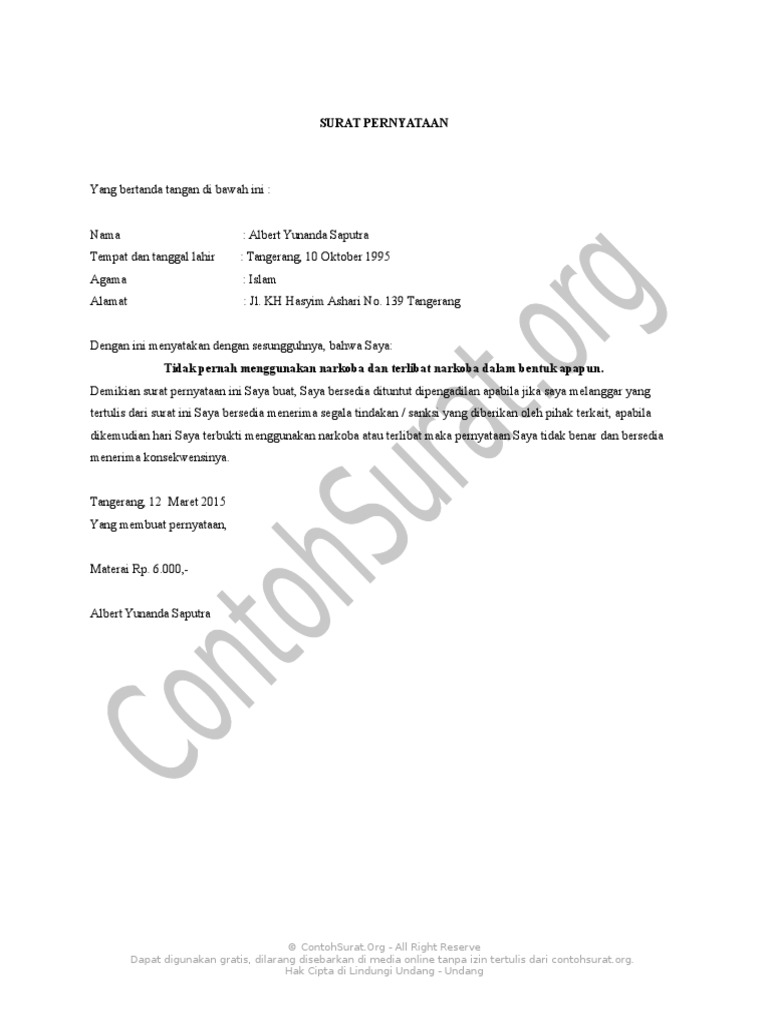 Contoh Surat Pernyataan Bebas Narkoba