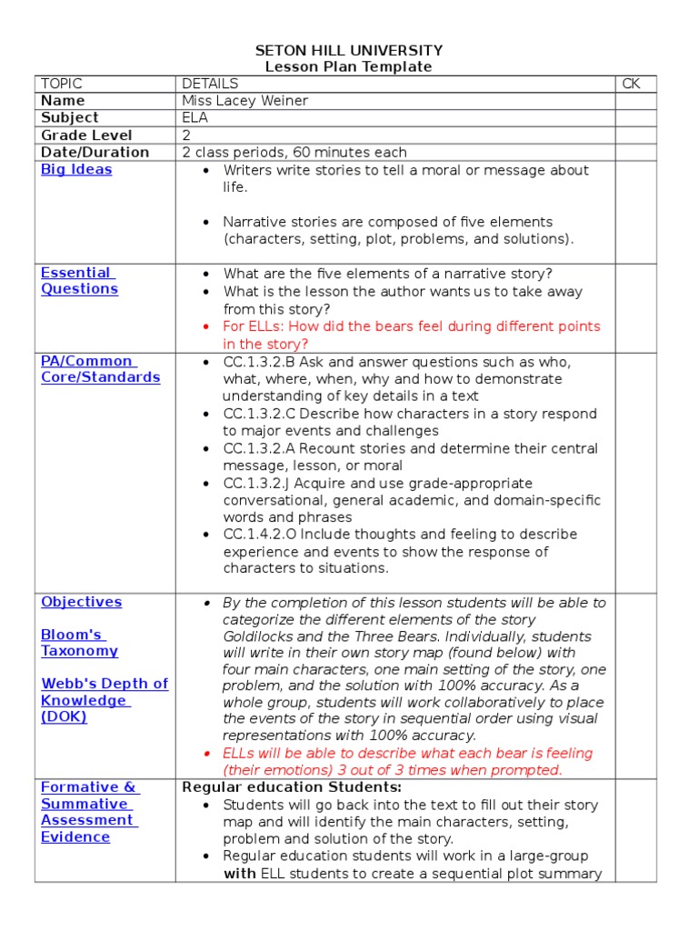 Goldilocks and the three bears lesson plans