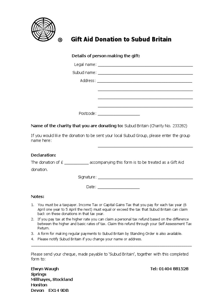 Gift Aid Donation Form for Subud Britain | PDF | Finance & Money Management