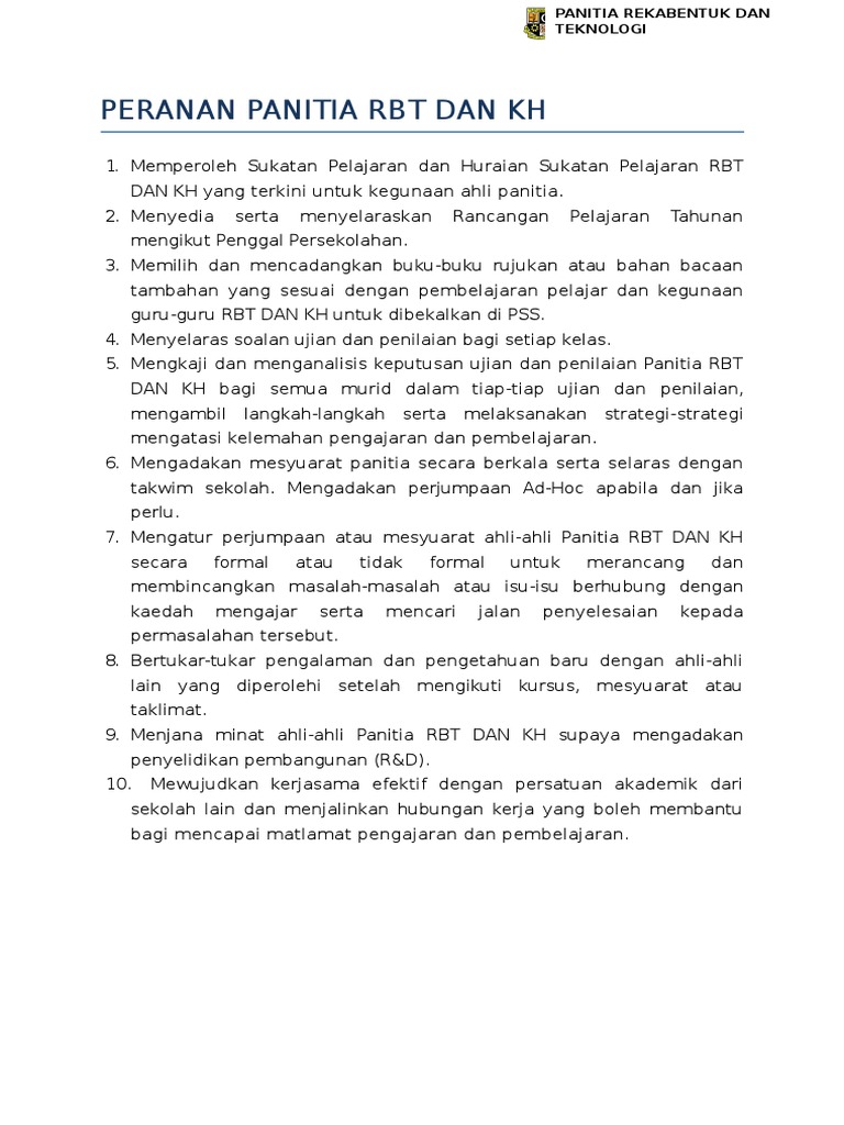Peranan Dan Tugas Panitia Dan Setiausaha RBT DAN KH