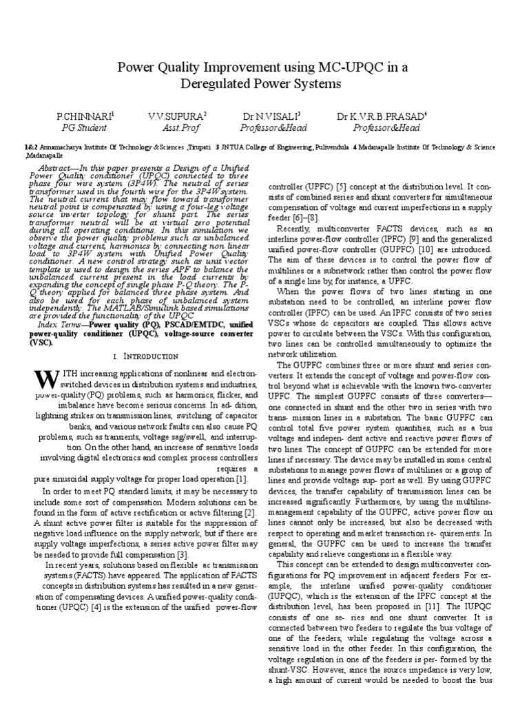 Base PaPower Quality Improvement Using MC-UPQC in A Deregulated Power ...