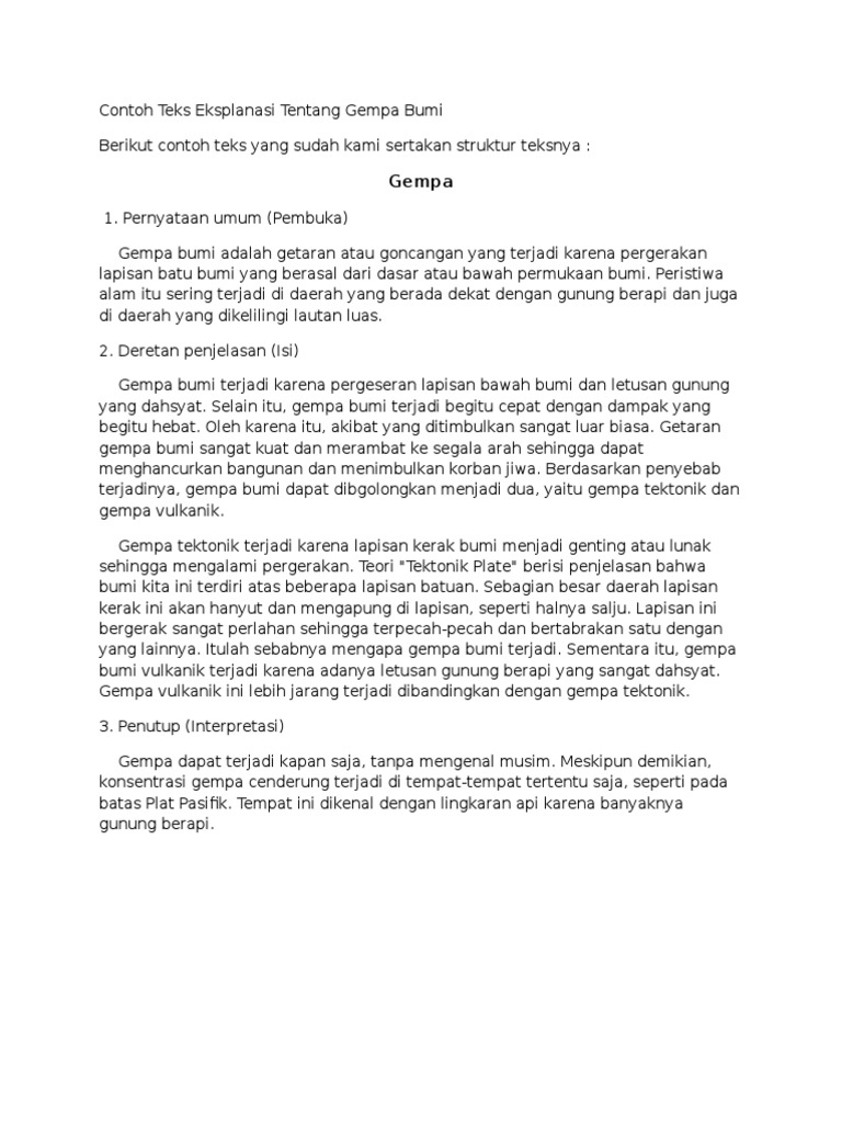Contoh Teks Eksplanasi Tentang Gempa Bumi  PDF