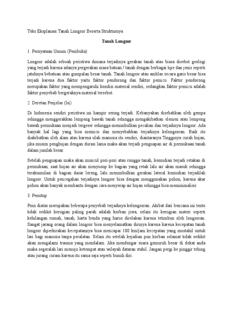 Teks Eksplanasi Tanah Longsor Beserta Strukturnya