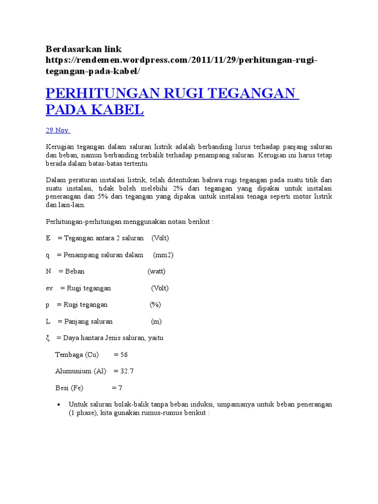 Rugi Tegangan Kabel: Rumus & Contoh | PDF | Metode & Bahan Ajar