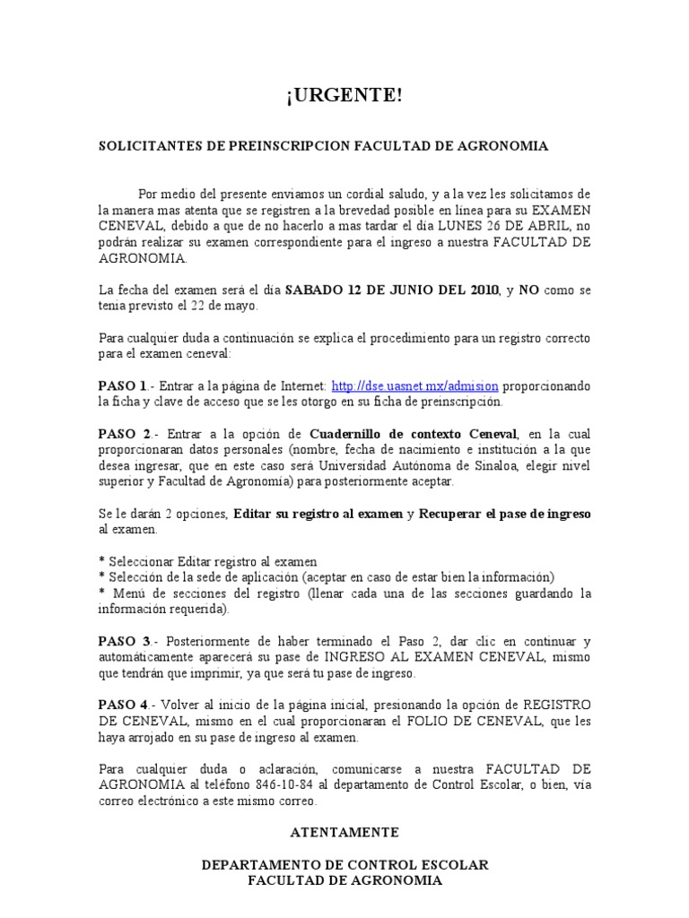 Registro en Linea de Para Su Examen Ceneval
