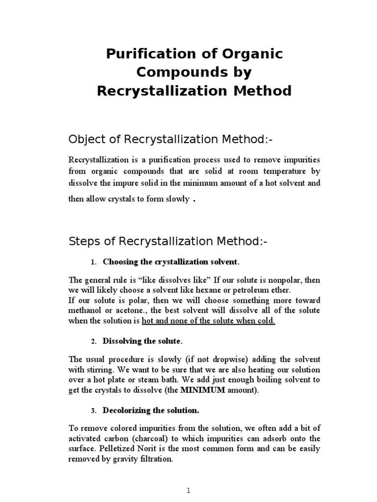 Purification of Organic Compounds by Re Crystallization Method | PDF ...
