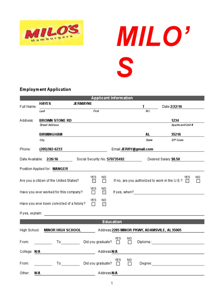 MILO's Employment Application Form | PDF