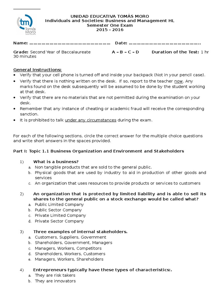 IB Business Management Exam Structure | PDF | Economies Of Scale ...