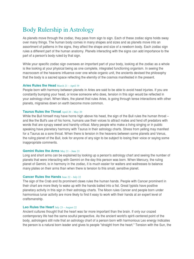 Body Rulership in Astrology PDF Astrological Sign Occult