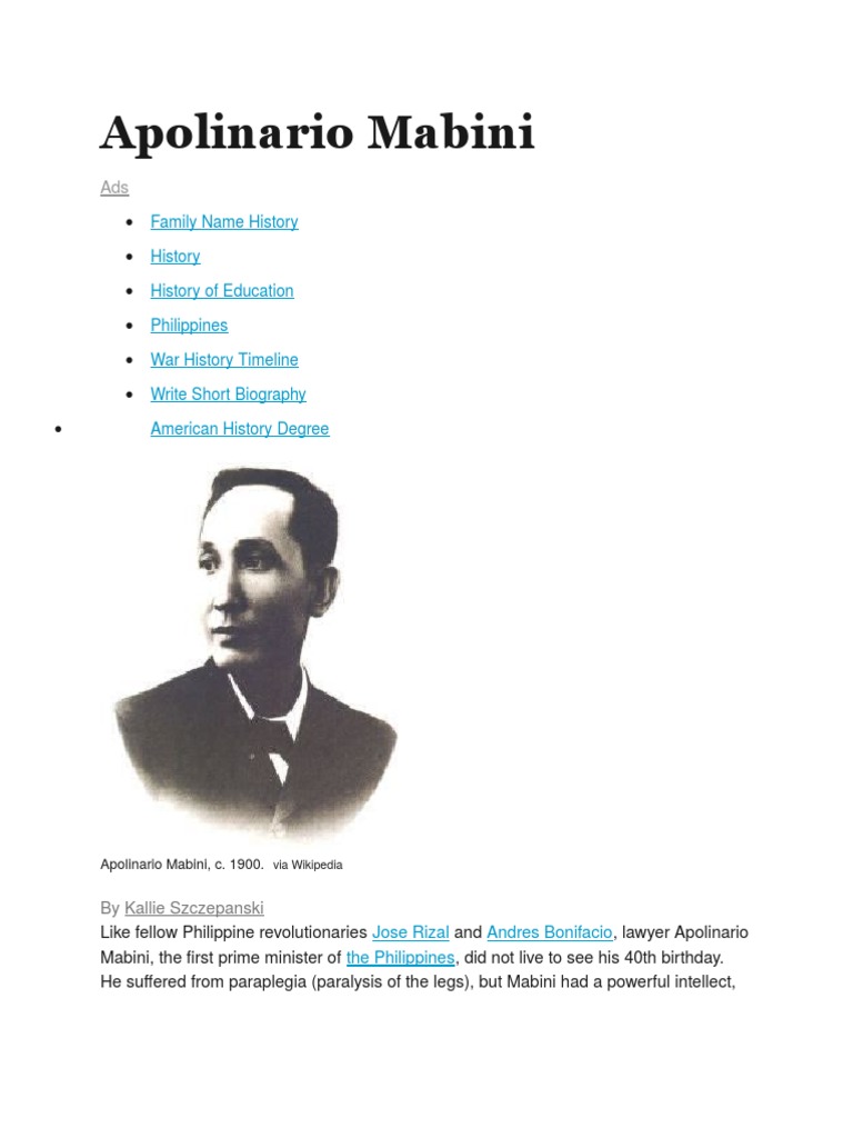 Apolinario Mabini.docx | Philippines | Unrest | Free 30-day Trial | Scribd