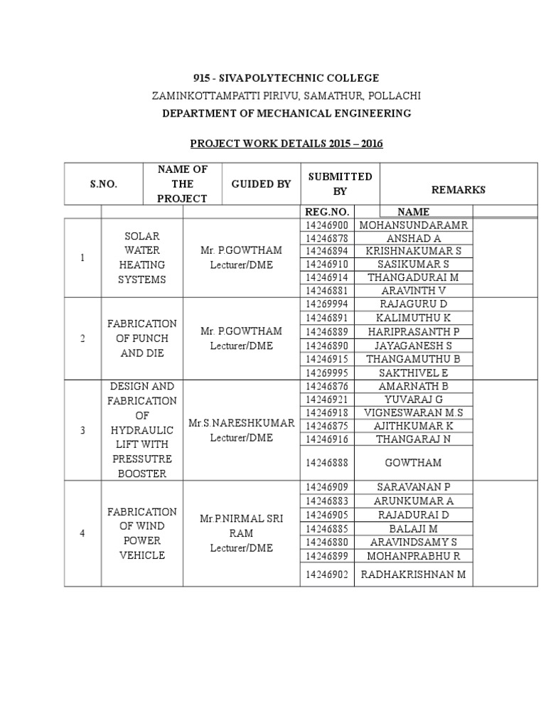 Mechanical Engineering Projects 2015-2016 | PDF