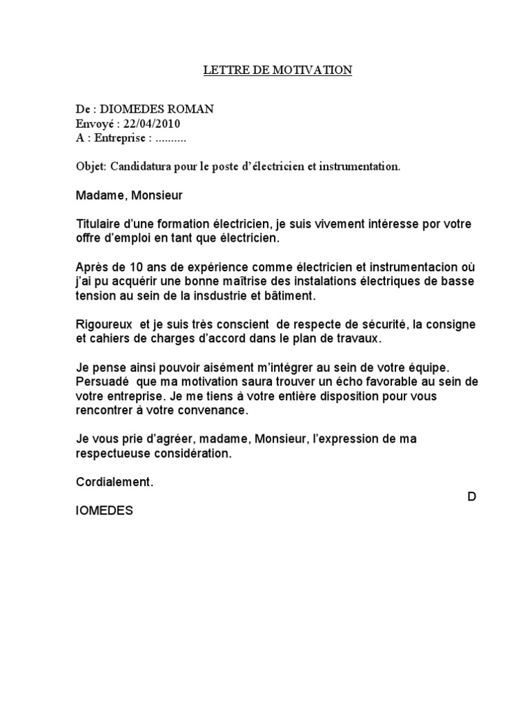 Lettre Motivation Electricien Et Instrumentationwww