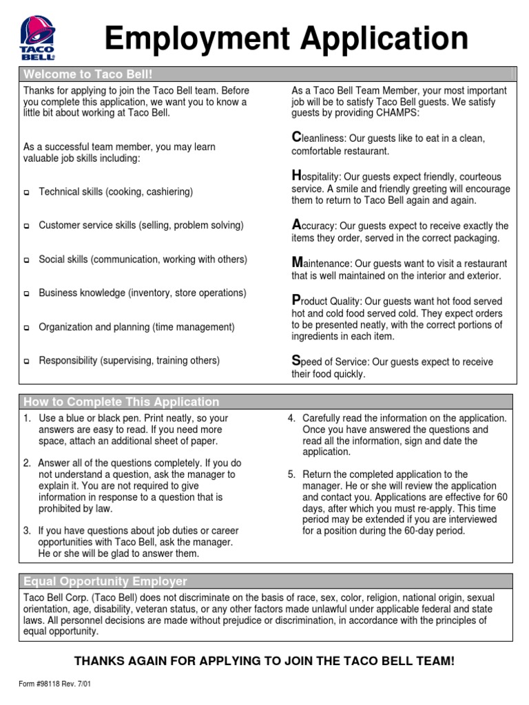Taco Bell Application PDF Discrimination Employment