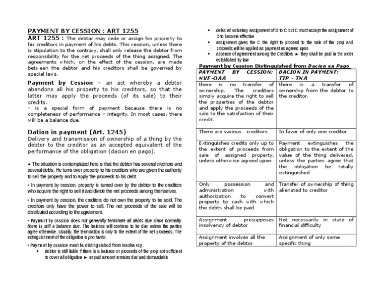 Art 1255 payment by cession pdf cession debtor