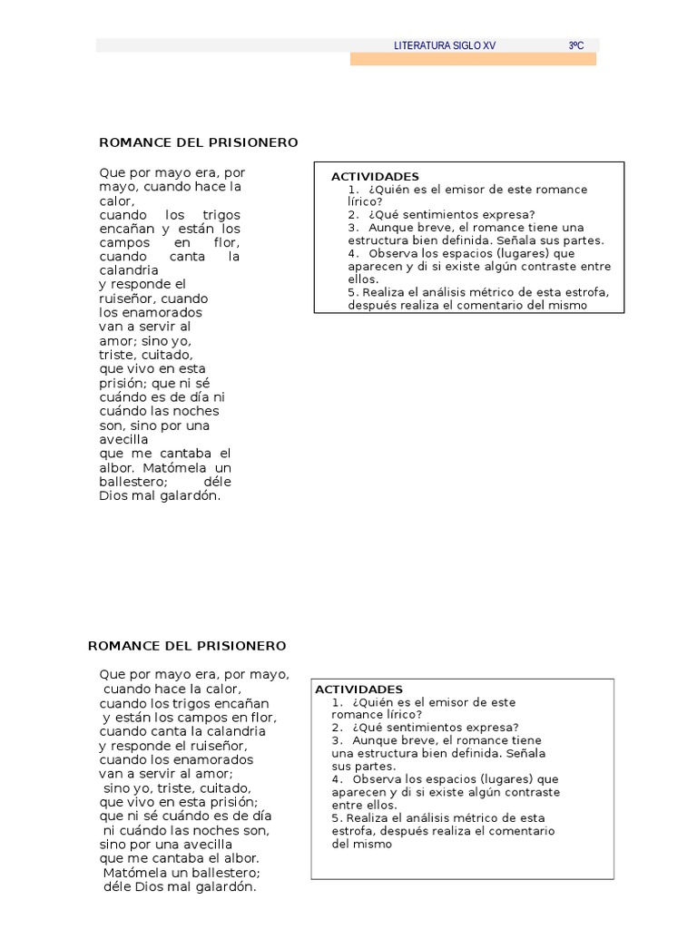 Romance Del Prisionero Analisis Metrico - Marcus Reid