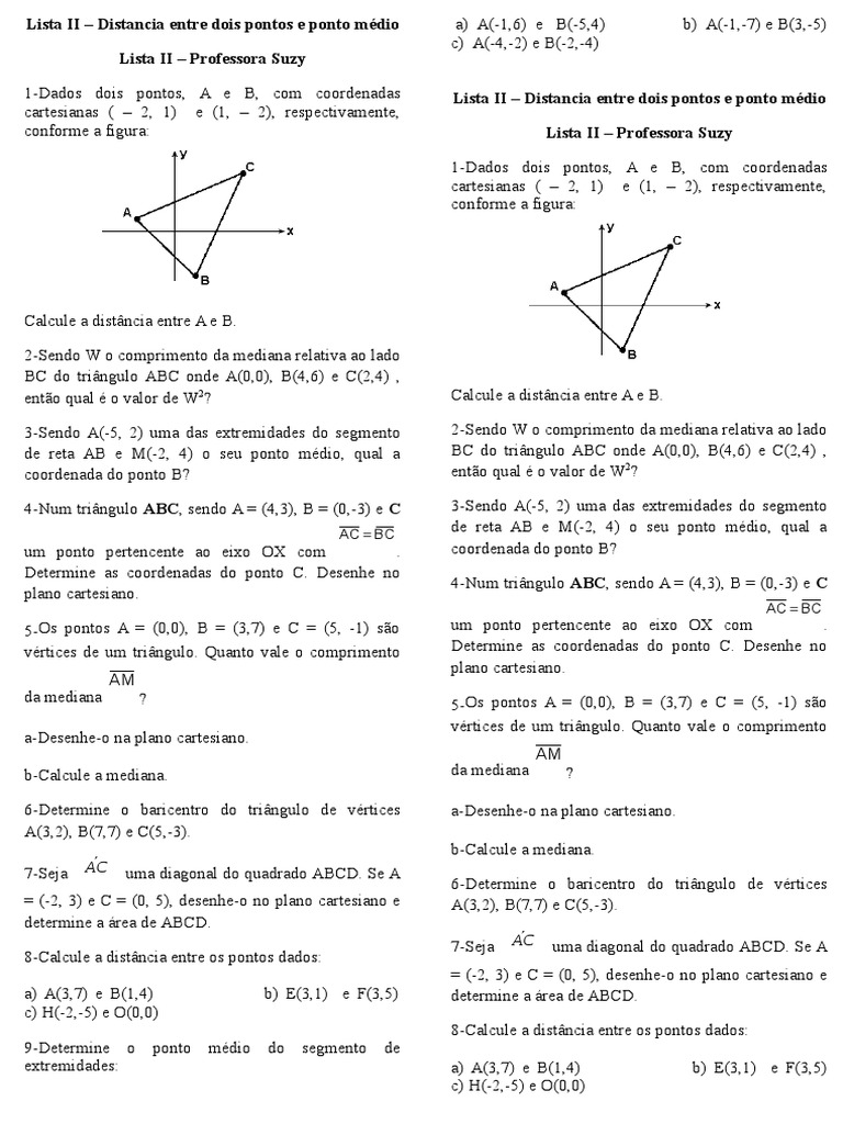 Lista II - Distancia Entre Dois Pontos e Ponto Médio e Baricentro | PDF