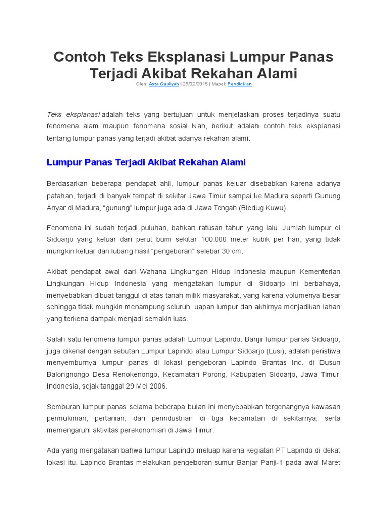 Contoh Teks Eksplanasi Lumpur Panas Terjadi Akibat Rekahan Alami | PDF