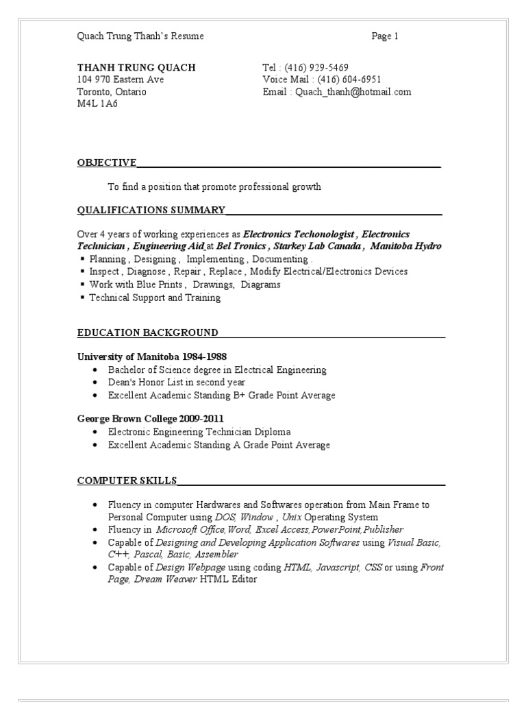 Electronics Tech Resume | PDF | Microsoft Office | Software