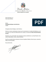 Carta de Condolencias Del Presidente Danilo Medina A Covadonga Rodríguez Viuda Martínez Por Fallecimiento de Su Esposo, Héctor Ricardo Martínez Carreira