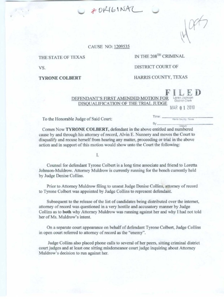 Motion to Recuse Judge Denise Collins | PDF | Judicial Disqualification ...