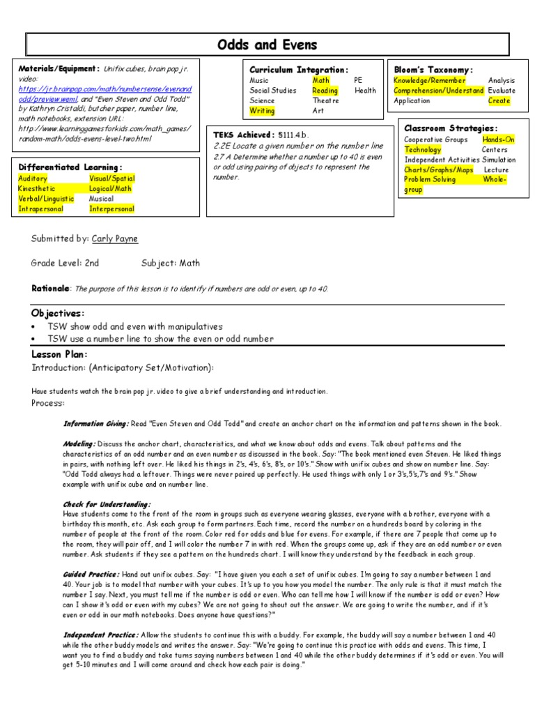 Odds And Evens Curriculum Integration Bloom S Taxonomy Lesson Plan Reading Comprehension