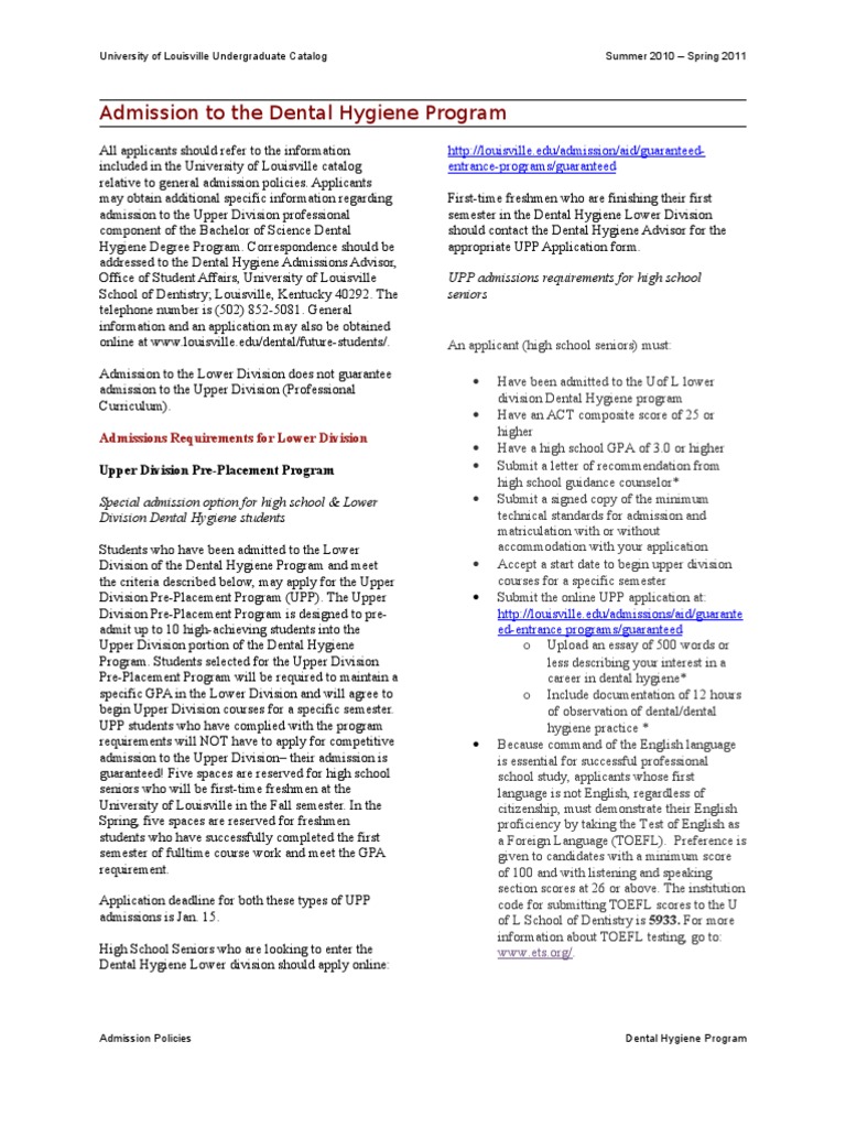 Admission To The Dental Hygiene Program UPP Admissions Requirements