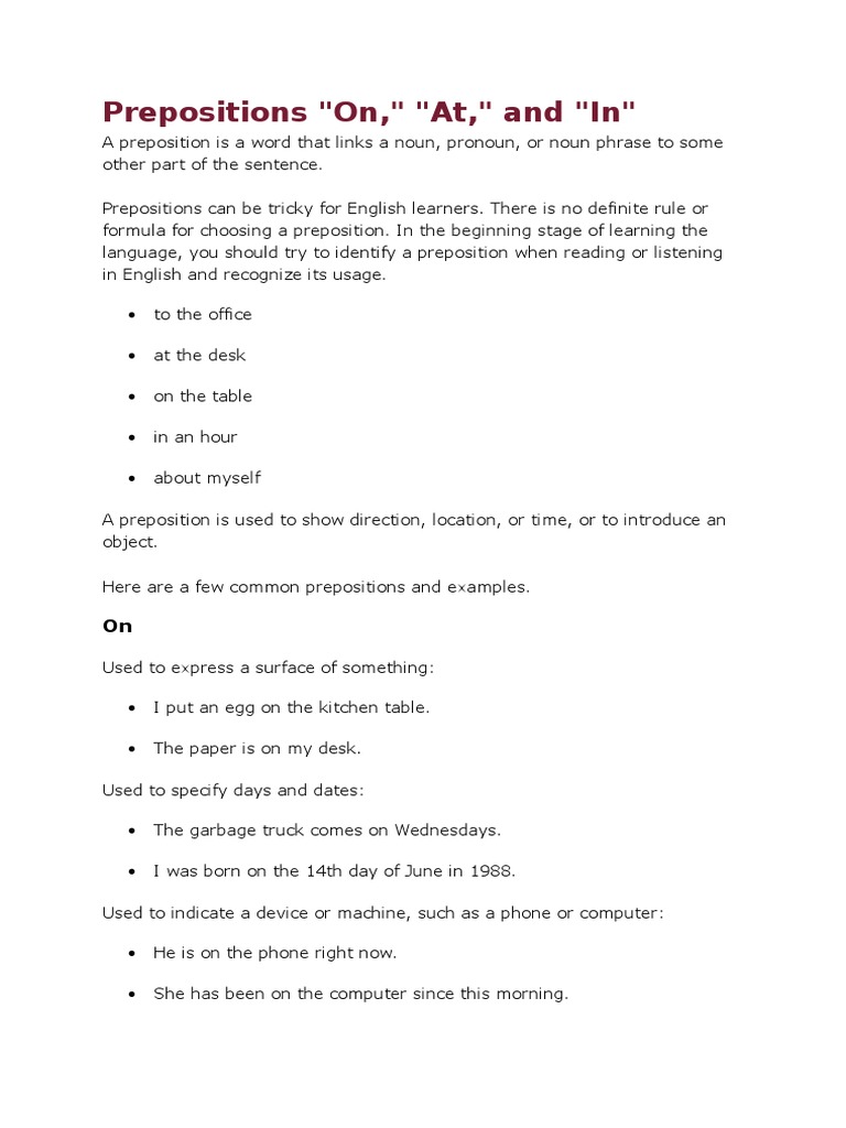 Understanding Prepositions: On, At, In | PDF | Language Arts ...