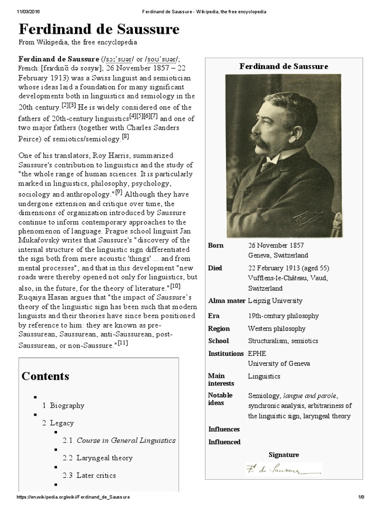 Ferdinand de Saussure Wikipedia, The Free Encyclopedia Semiotics