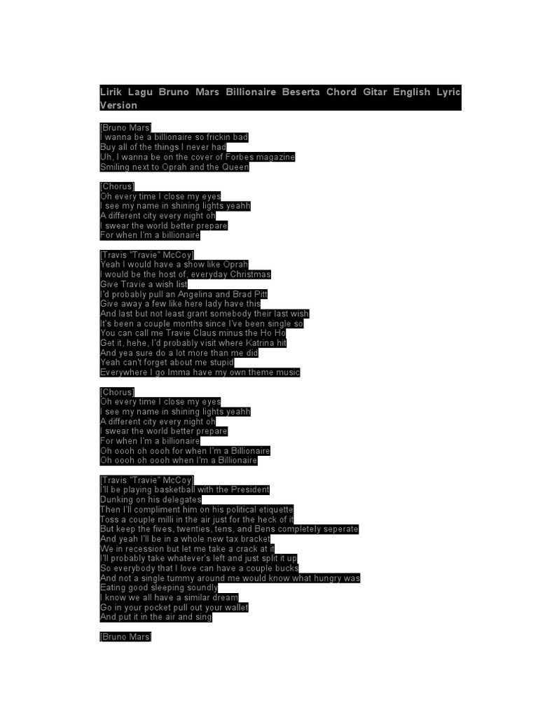 Billionaire Lyrics Bruno Mars Chords
