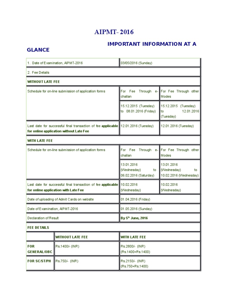 AIPMT-2016: Important Information at A Glance | PDF | Career & Growth
