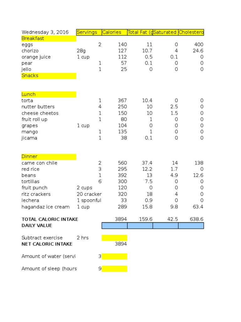 Daily Food Intake and Nutrition Log | PDF | Cooking, Food & Wine