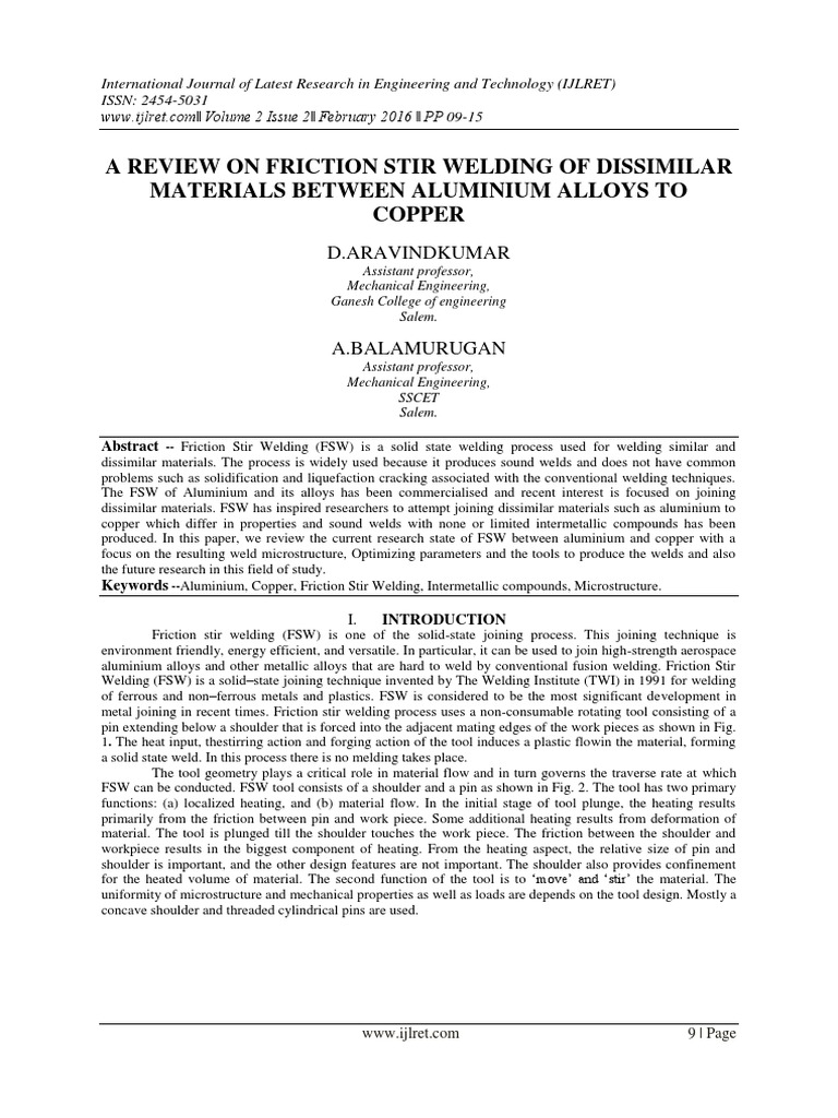 A Review On Friction Stir Welding of Dissimilar Materials Between ...