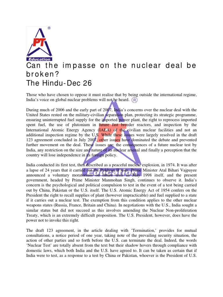 Nuclear Deal-Indo-US | PDF | Treaty On The Non Proliferation Of Nuclear ...
