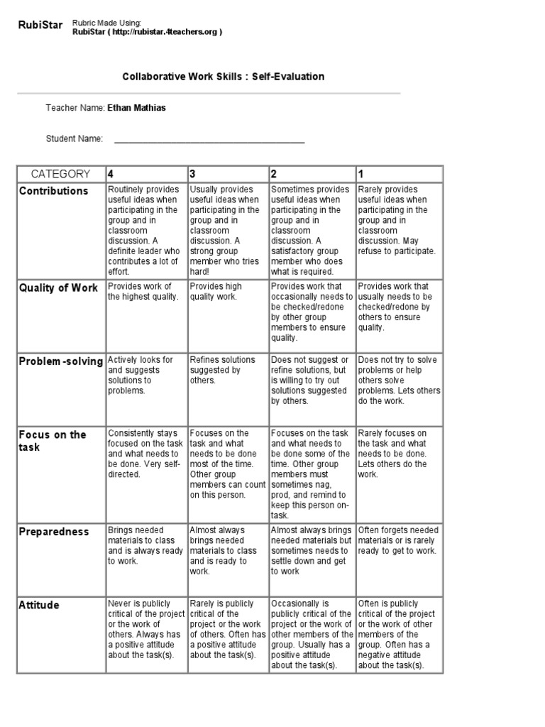 Student Self-Evaluation Rubric | PDF | Rubric (Academic) | Educational ...