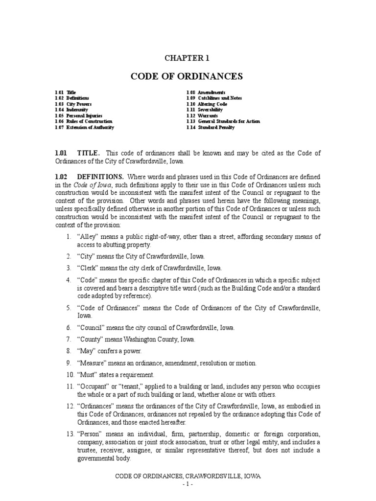 Crawfordsville Iowa Code of Ordinances | PDF | Oath Of Office | Veto