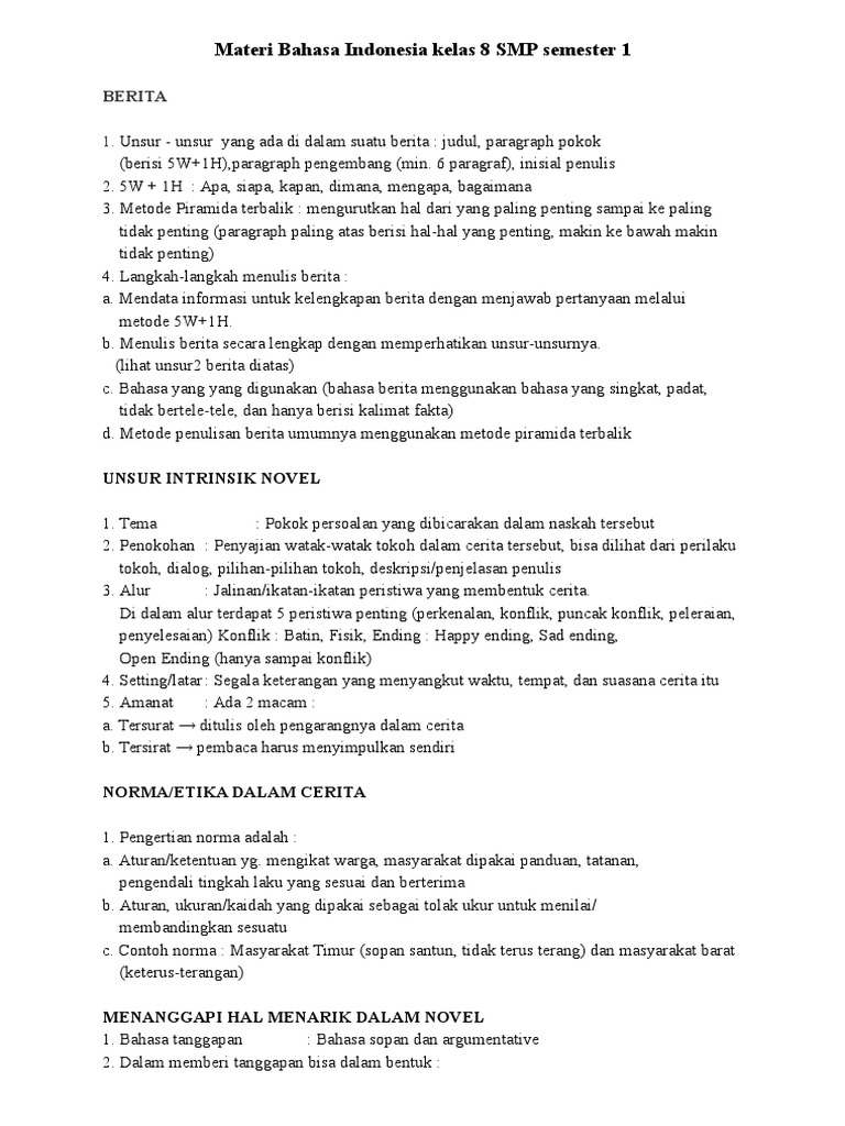 Materi Bahasa Indonesia Kelas 8 Semester 1 A