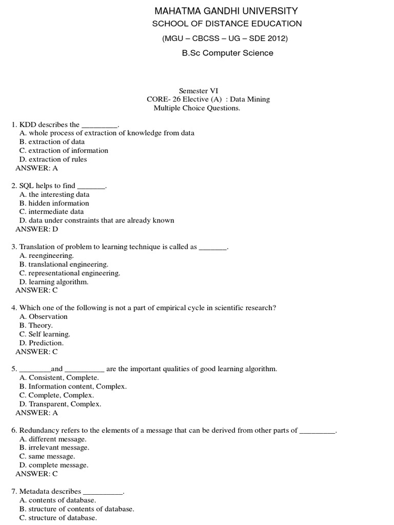 Data Mining MCQs for Semester V | PDF | Teaching Methods & Materials | Art