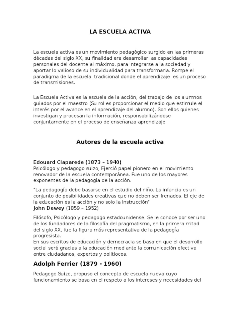 La Escuela Activa | PDF | Pedagogía | Cognición