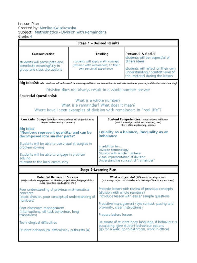 Grade 4 Division with Remainders Plan | PDF | Lesson Plan | Teaching ...
