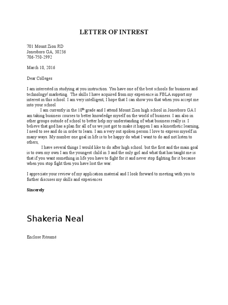 College Interest Letter from Student | PDF