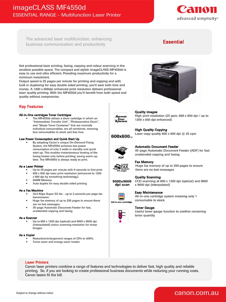 Canon ImageClass MF4550D Specifications Brochure | PDF | Image Scanner ...