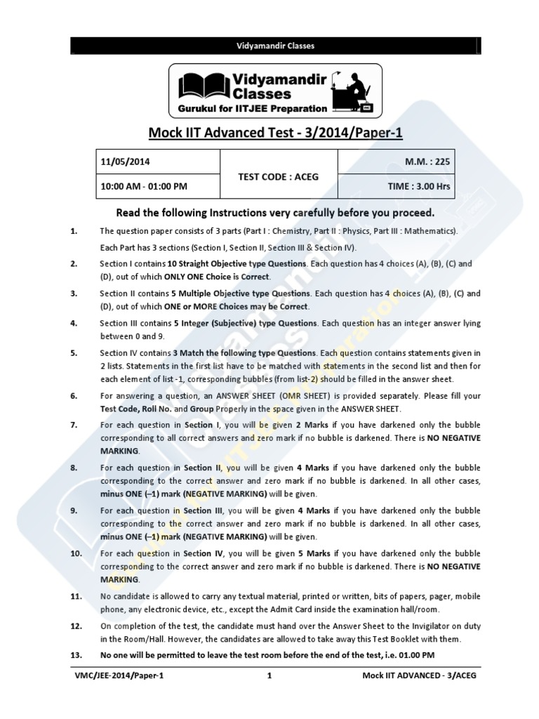 Mock IIT Advanced Test Paper 1 2014 | PDF | Lens (Optics) | Collision